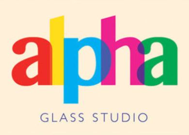 Colorful 'alpha' text repeated with 'Glass Studio' text on a white background